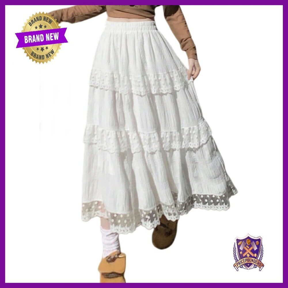Tiered Maxi Skirt with Ruffle Lace Embroidered Elastic Waist Flowy A-Line